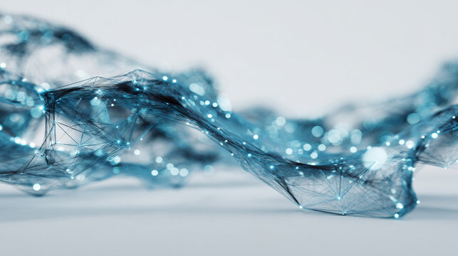 Abstract digital network wave with glowing blue particles and lines on a white background concept of big data and technology - Generative AI