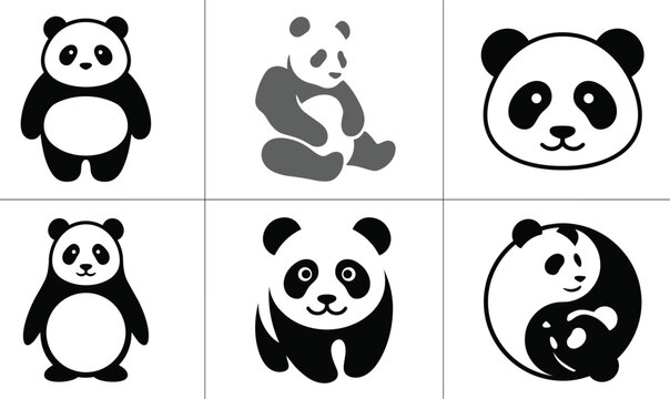 Cute Panda Bear Character and Face Logo Collection with Minimal Animal Vector Design Set