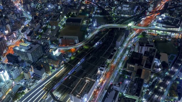 [PanRight] Osaka City Night View Timelapse, High Angle Overview and Road Traffic, Japan