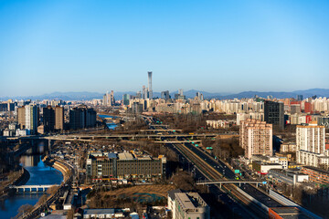 Fototapeta premium Panoramic view of Beijing's city skyline and Tonghui River.