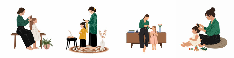 Set of illustrations featuring a mother brushing and braiding her daughter's hair in various cozy home settings, depicting a tender family bond.