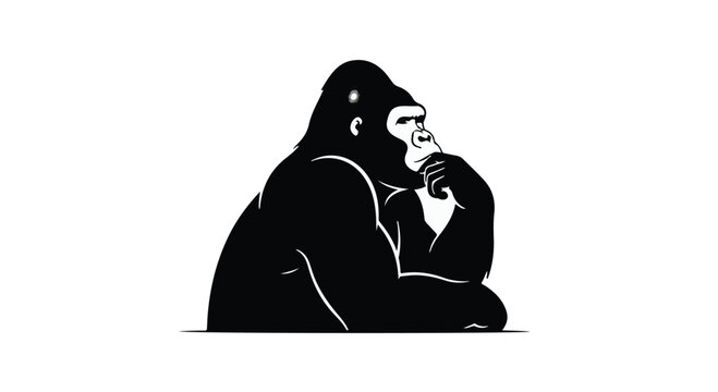 Gorilla sitting in a contemplative pose represents deep intelligence and thoughtful observation.