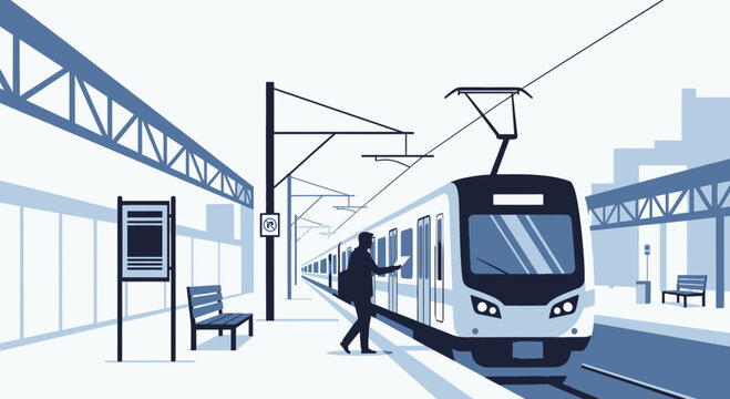 Commuter boarding modern train at urban station platform, travel concept