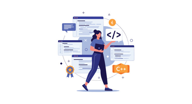 Talented female programmer walks confidently surrounded by various floating code windows and software development icons.