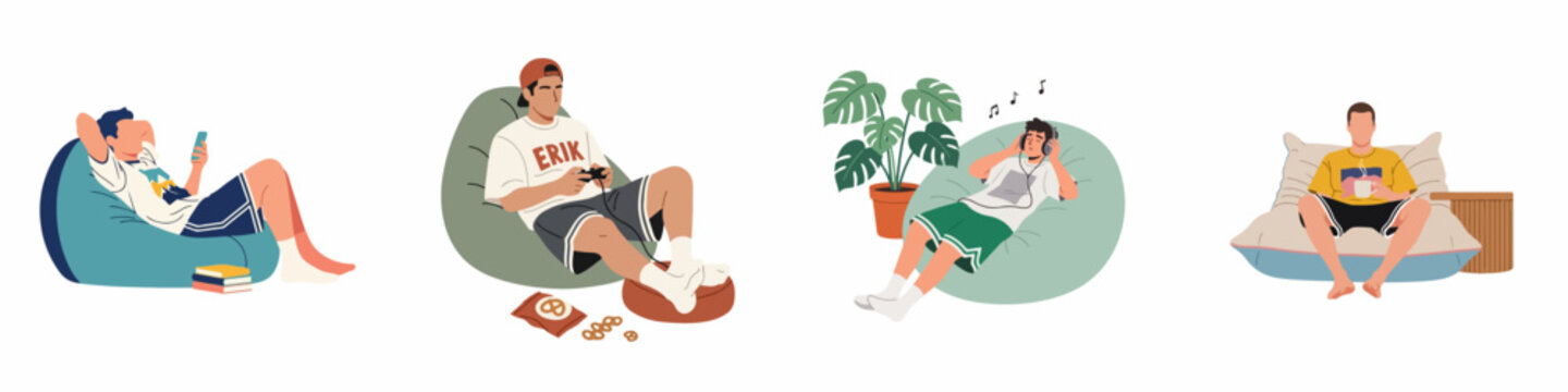 Flat Illustration of Men Relaxing at Home in Bean Bag Chairs, Playing Games, Listening to Music, Using Smartphone, and Drinking Coffee