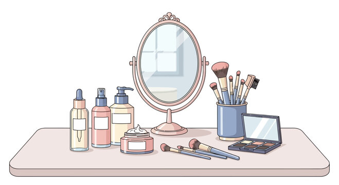 Cosmetic products and makeup brushes on a vanity table with a mirror