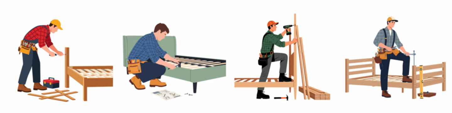 Set of professional furniture assemblers and handymen constructing different bed frames including wooden and upholstered styles using various tools.