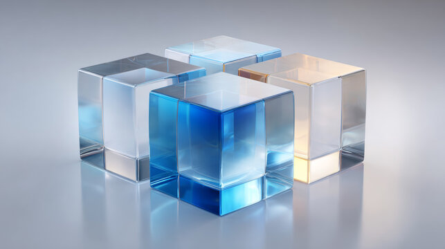 Abstract 3D rendering of transparent glass cubes with blue and golden light reflections on a clean grey background - Generative AI