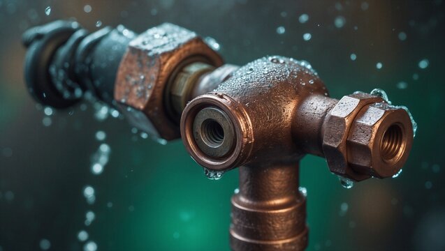 Macro Focus of a Rustic Copper Water Pressure Nozzle with Condensation and Dynamic Water Splashes