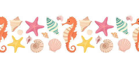 Seamless border with seashells, starfish and seahorse. Nautical banner with ocean and beach elements on white background. Flat vector illustration. © Nataliia Vyshnytska