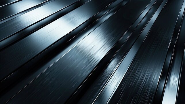 Abstract industrial geometric visual work with parallel slanted metal strips extending deep along the perspective, with black, gray, silver cold tones, strong light and shadow contrast, dynamic blur