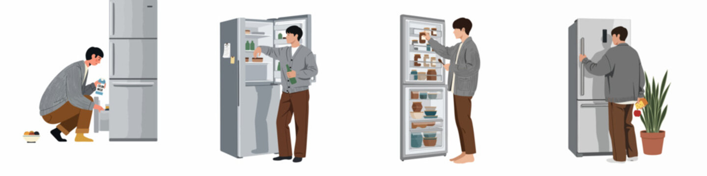 Vector illustration set of a man interacting with a refrigerator in different poses, storing food and looking for snacks in a modern style.