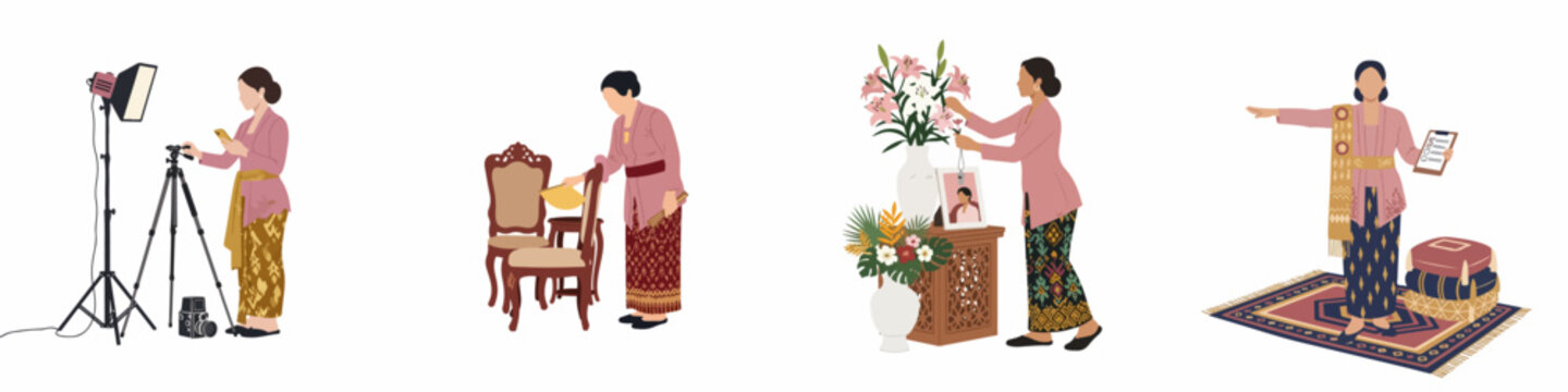 Professional Indonesian Women in Traditional Kebaya Organizing a Wedding Event, Featuring Photography, Decor Arrangement, and Coordination Tasks.