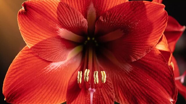 Vibrant red amaryllis flower in macro detail, blooming hippeastrum lily with elegant petals, dramatic floral background for spring and holiday themes