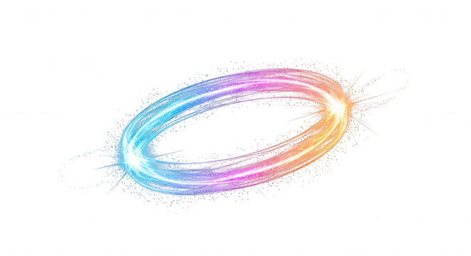 Glowing elliptical ring of light with swirling blue, purple, and orange trails and sparkling particles on a solid black background