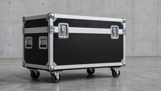 Professional Black Flight Case with Wheels on Industrial Background Rugged Transport Storage Box for Logistics Touring Equipment Protection and Mobile Production Operations