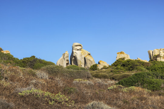 View of the unique granite rock formations and Mediterranean scrub under a clear blue sky at Capo Testa, Sardegna, Italy.