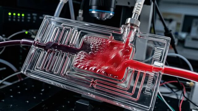 Cinematic close-up of a transparent microfluidic lab-on-a-chip processing bubbling red blood for medical analysis and diagnostic testing