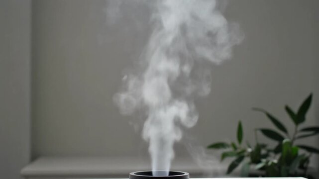 Graceful plume of white mist rising from a small device, creating a tranquil and serene atmosphere in a modern indoor setting, symbolizing freshness and peace