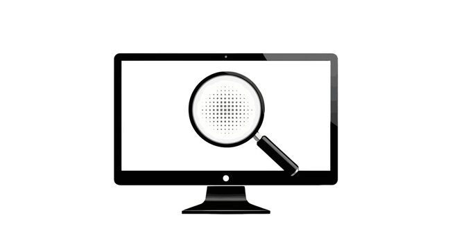 Computer monitor with magnifying glass on screen isolated on transparent background, Vector