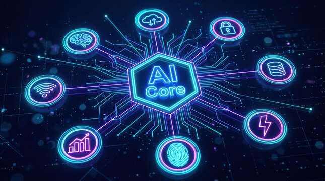 Glowing teal AI core central processor hub diagram with connected icon nodes on a dark digital background for machine learning technology concept.