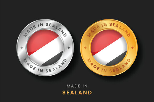 Premium circular gold and silver labels with the Principality of Sealand flag. High-quality Made in Sealand emblems for micronation products, manufacturing origin, and trade certification.