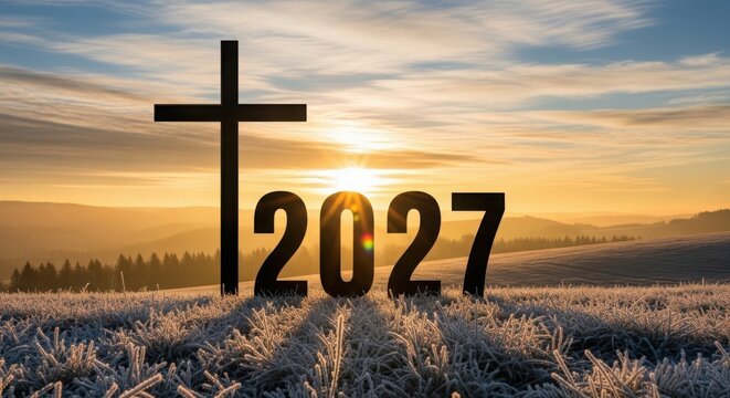 A large cross and the year 2027 in a frosty field at sunrise illustration