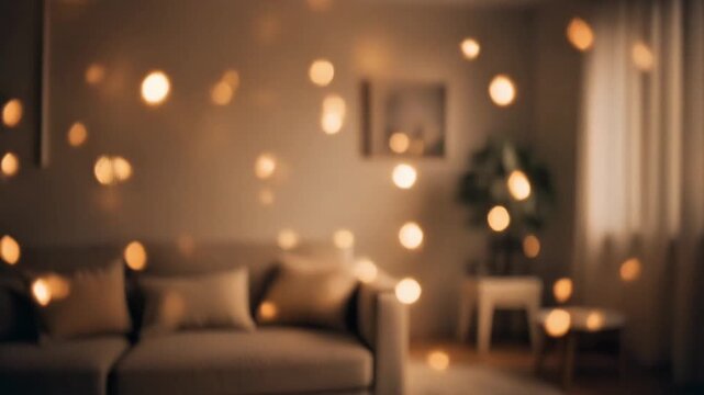 Cozy living room ambiance with soft, warm, out-of-focus string lights creating a magical and inviting atmosphere, perfect for relaxation and home decor inspiration
