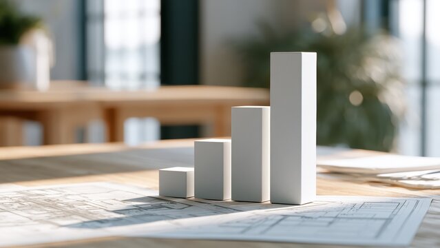 Uptrending white blocks on detailed architectural blueprints, symbolizing project growth and successful planning