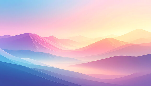 Pixelated mountain landscape at sunrise, serene pastel sky with gradients of pink, yellow, and blue, soft atmospheric haze in valleys, digital art