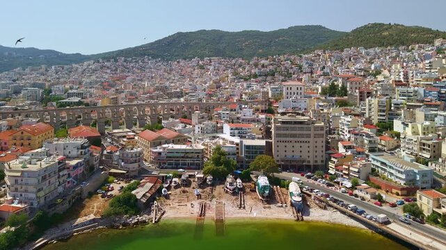 Aerial View of Kavala Old Town with Fortress and Aqueduct, Kavala, Greece
