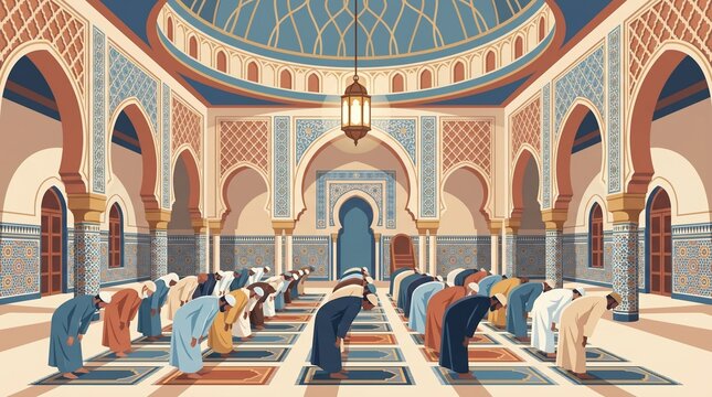 Mosque interior during Friday prayer with rows of worshippers and geometric patterns