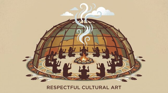 Indigenous American sweat lodge ceremony with steam, circle and prayer
