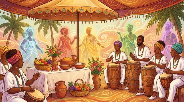 Afro-Brazilian Candomble ceremony with offerings, drums and orixas invoked