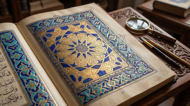 Islamic geometric pattern illuminated manuscript with intricate tilework in gold and blue