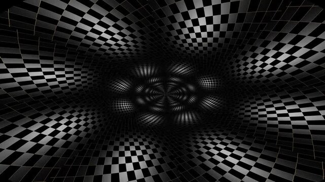 Black silver optical tunnel futuristic depth illusion seamless looping vortex metallic cyber corridor abstract dimensional reflective geometry hypnotic motion backdrop infinite perspective glowing 