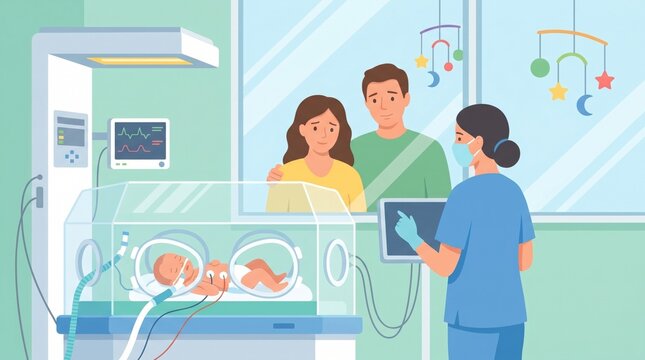 Neonatal unit with premature baby in incubator and specialist nurse and parents watching