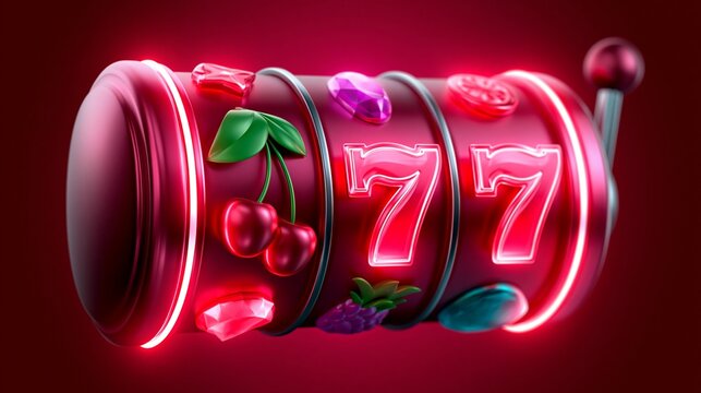 Ein leuchtendes rotes Spielautomat-Symbol mit drei Siebenen und Fr&uuml;chten auf dunklem Hintergrund.