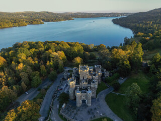 Aerial High‑Angle Shot of Neo‑Gothic 1800s Wray Castle, Windermere, Lake District © Kit Photography UK