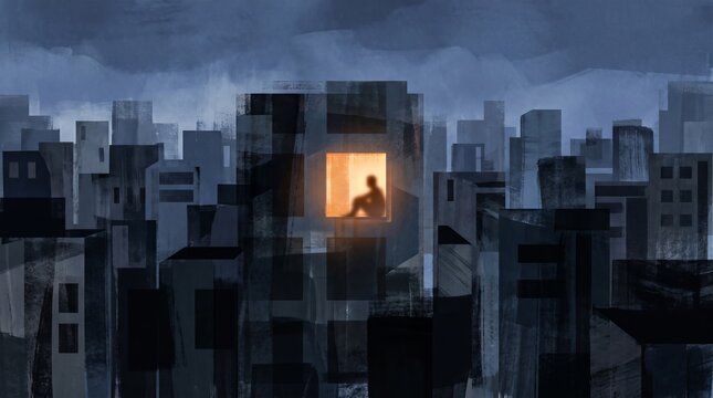 Loneliness depicted as a single lit window in a city of dark buildings