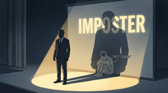 Imposter syndrome depicted as a figure in spotlight with a smaller shadow of self-doubt