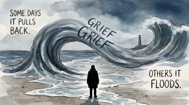 Grief as a tide with a figure standing in retreating water, sometimes flooding
