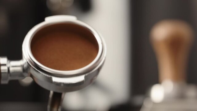 Slow motion man show tamped freshly ground coffee in portafilter