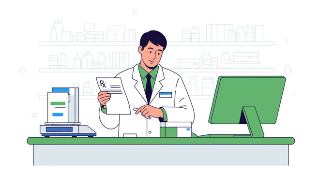 Pharmacist reviewing prescription at counter with scale and computer in pharmacy