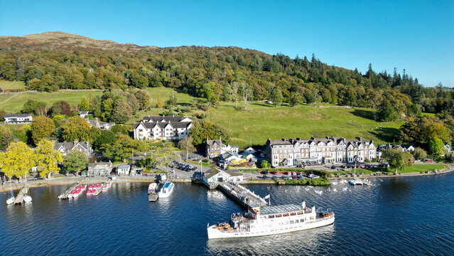 Aerial Shot at Waterhead, Windermere Lake District Featuring Port, Boats and Ships