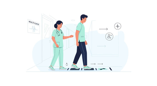 Physical therapist assisting patient in gait analysis on pressure-sensitive floor