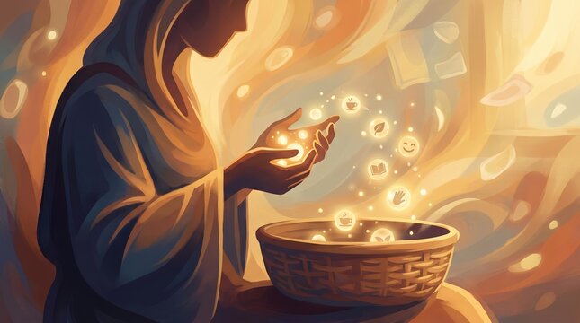 Gratitude depicted as a figure counting small glowing everyday objects worth noticing
