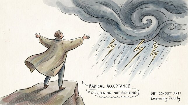 Radical acceptance depicted as a figure opening arms to a storm instead of fighting it