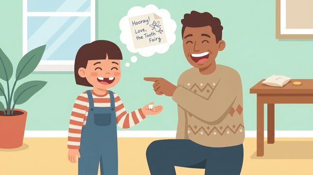 Child losing their first tooth with a gap-toothed smile and excited parent