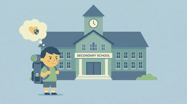 Child starting secondary school with a bigger building, bigger backpack and feeling small